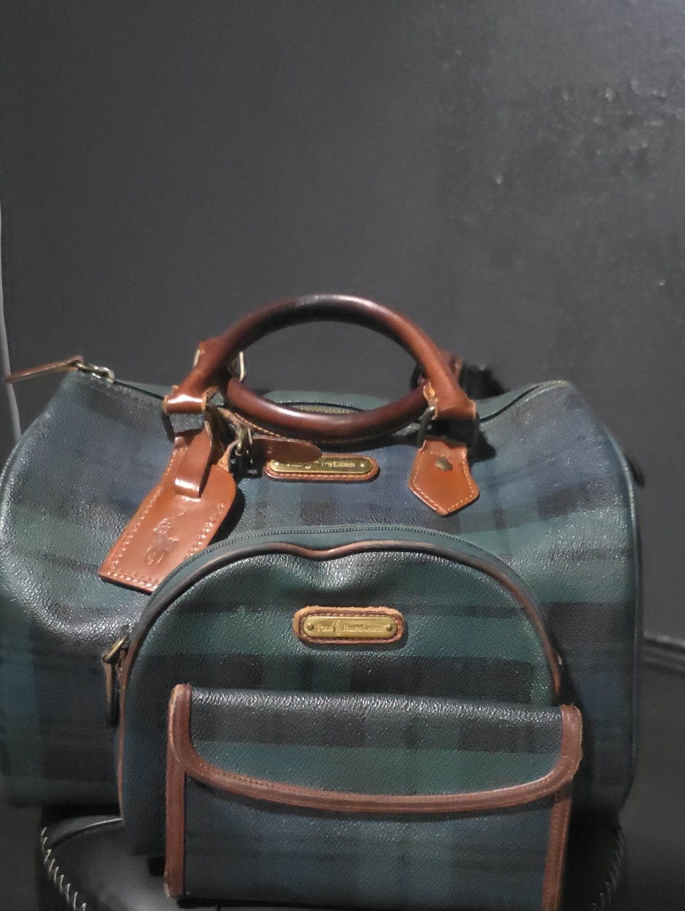 Polo by Ralph Lauren Green Bag with Brown Leather Trim With Polo Makeup Bag